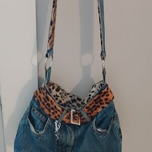 Stylish Denim and Leopard Print Women's Bag